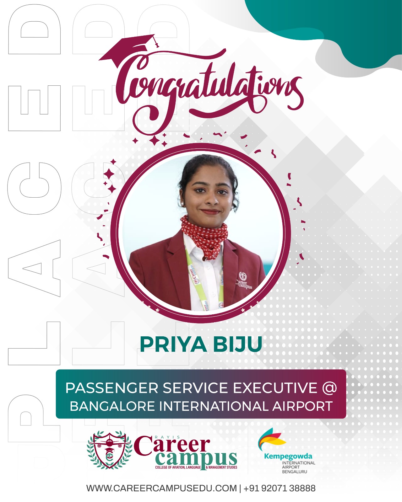 student at career campus placed at Bangalore international airport