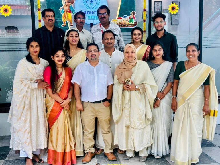 Career Campus staff members celebrating Onam for gallery showcasing Kerala’s traditional festive spirit