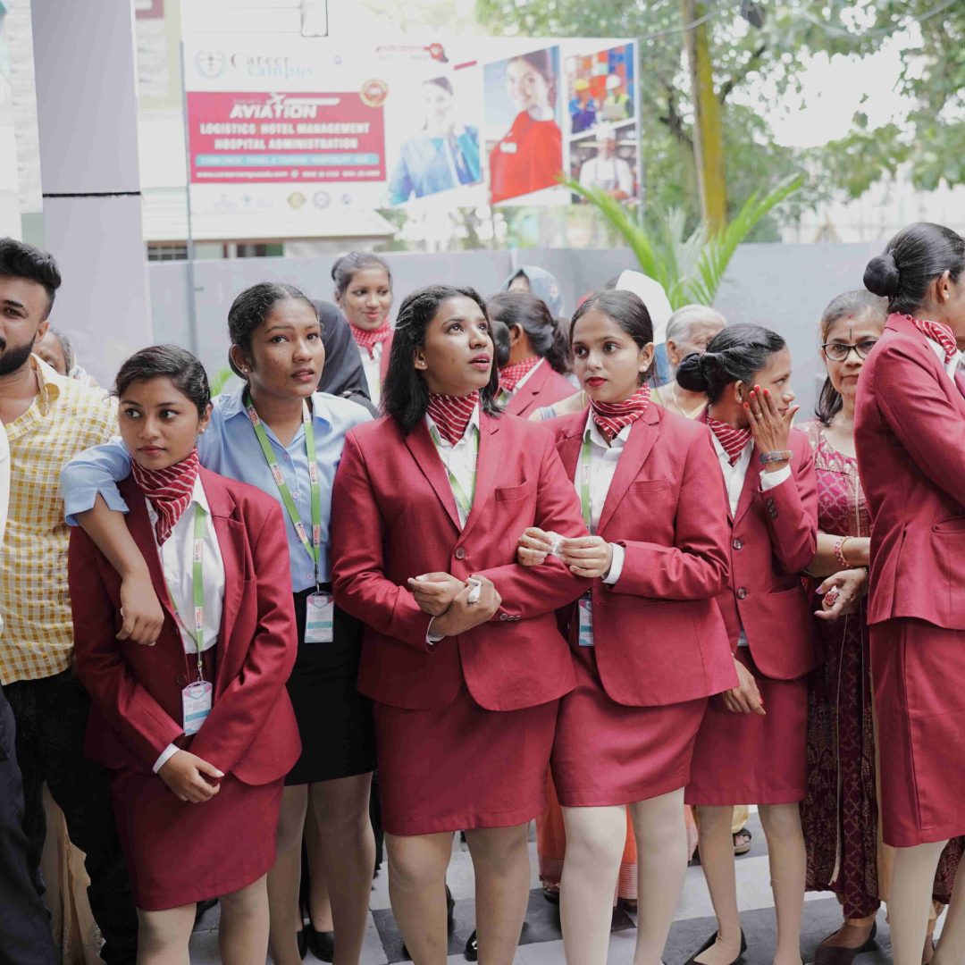 Aviation Course in Kerala Group of aviation students in uniform during practical training session at Career Campus, Kochi, Kerala.